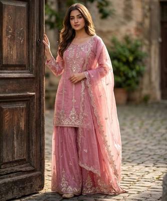 pink silk blend sharara set with sequin work 1