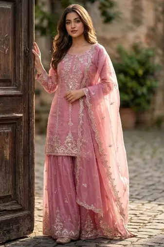 pink silk blend embroidered sharara set