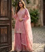 pink silk blend embroidered sharara set