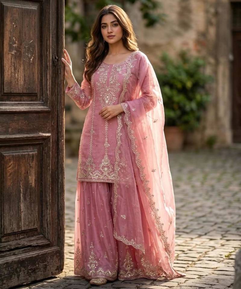 pink silk blend embroidered sharara set