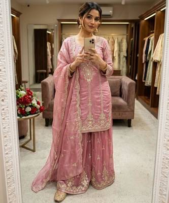 pink silk blend sharara set with sequin work 2