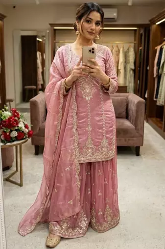 pink silk blend sharara set with sequin work