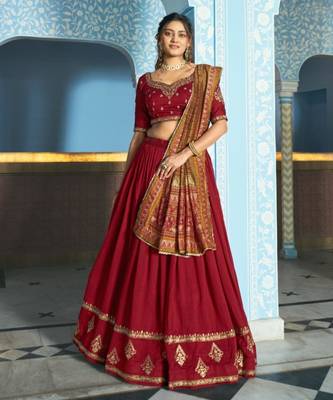 red silk blend lehenga set with gold border embroidery
 1