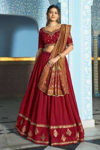 red silk blend embroidered lehenga set