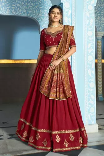 red silk blend embroidered lehenga set