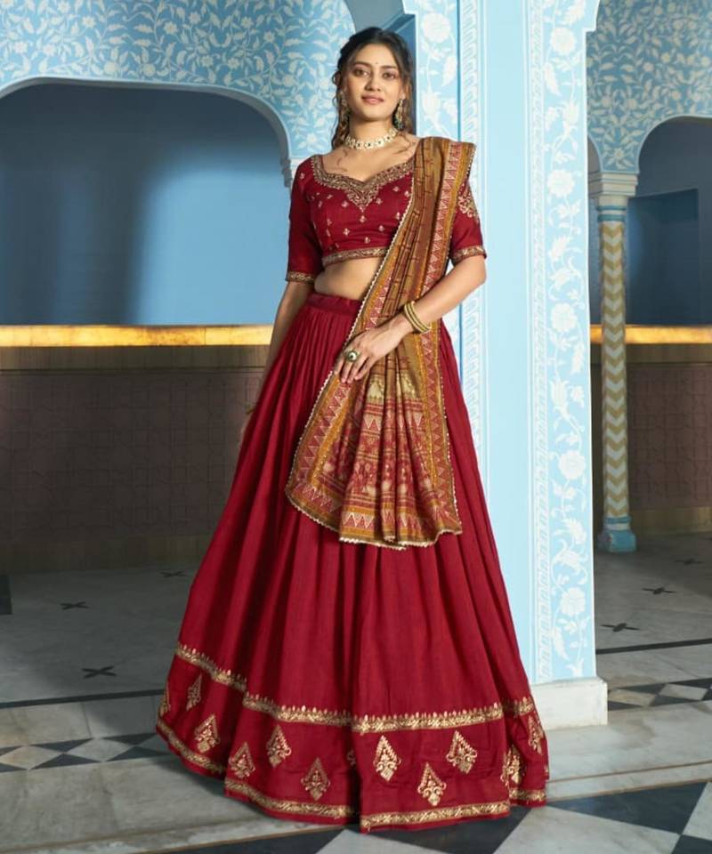 red silk blend embroidered lehenga set