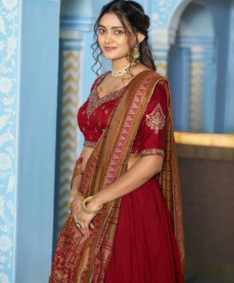 red silk blend lehenga set with gold border embroidery
 2