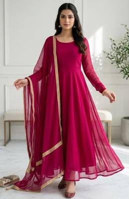 pink georgette gown set with minimal lace border 2