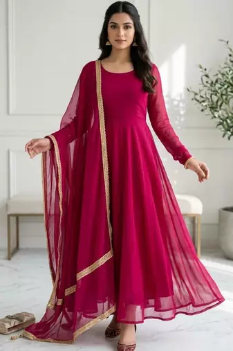 pink georgette gown set with minimal lace border