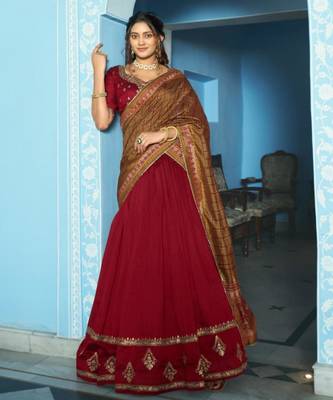 red silk blend lehenga set with gold border embroidery
 3