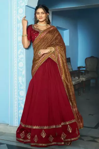 red silk blend lehenga set with gold border embroidery