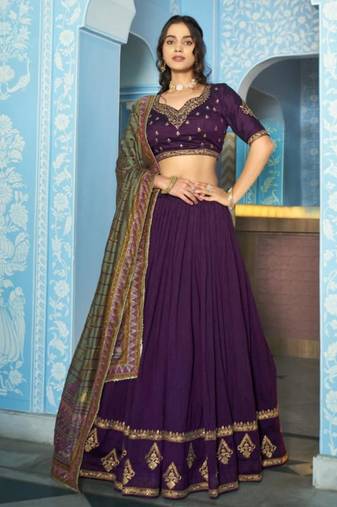 purple silk blend embroidered lehenga set