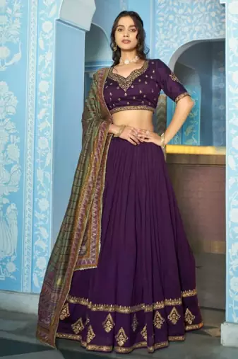 purple silk blend embroidered lehenga set