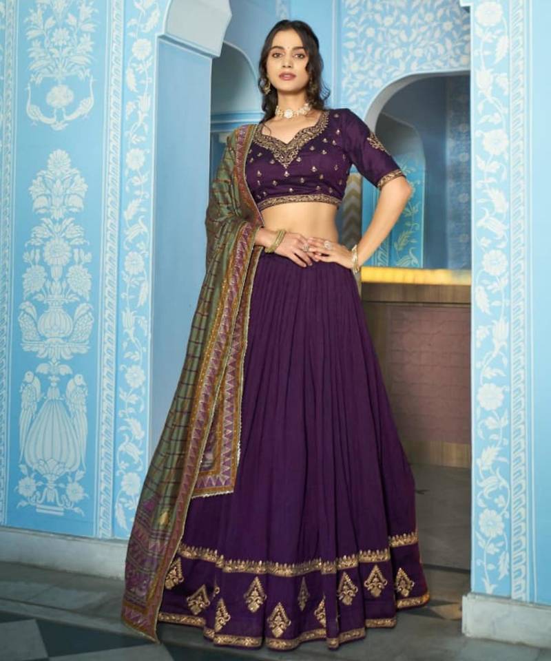 purple silk blend embroidered lehenga set