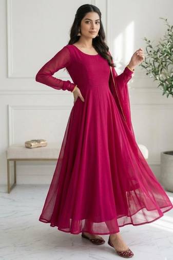 pink georgette plain gown set