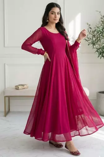 pink georgette plain gown set