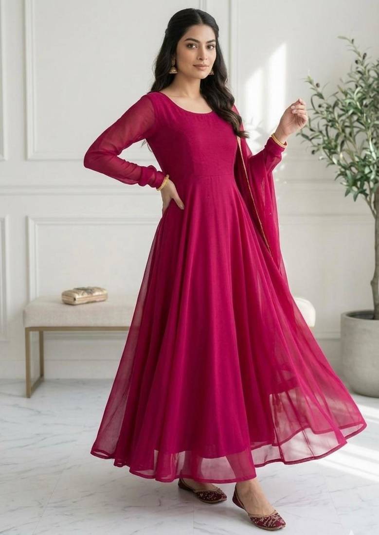 pink georgette plain gown set