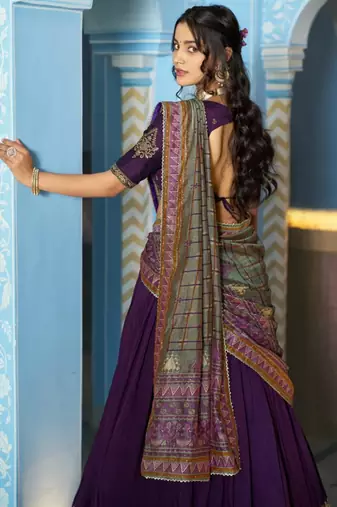 purple silk blend lehenga with gold embroidery work