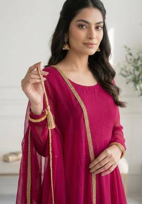 pink georgette gown set with minimal lace border 3