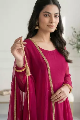 pink georgette gown set with minimal lace border
