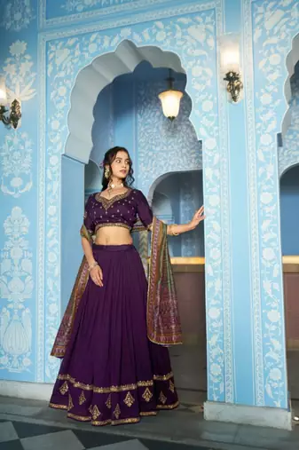 purple silk blend lehenga with gold embroidery work