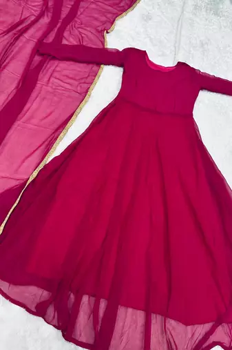pink georgette gown set with minimal lace border