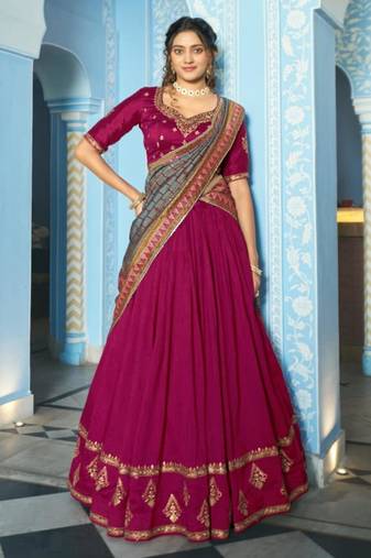 magenta silk blend embroidered lehenga set