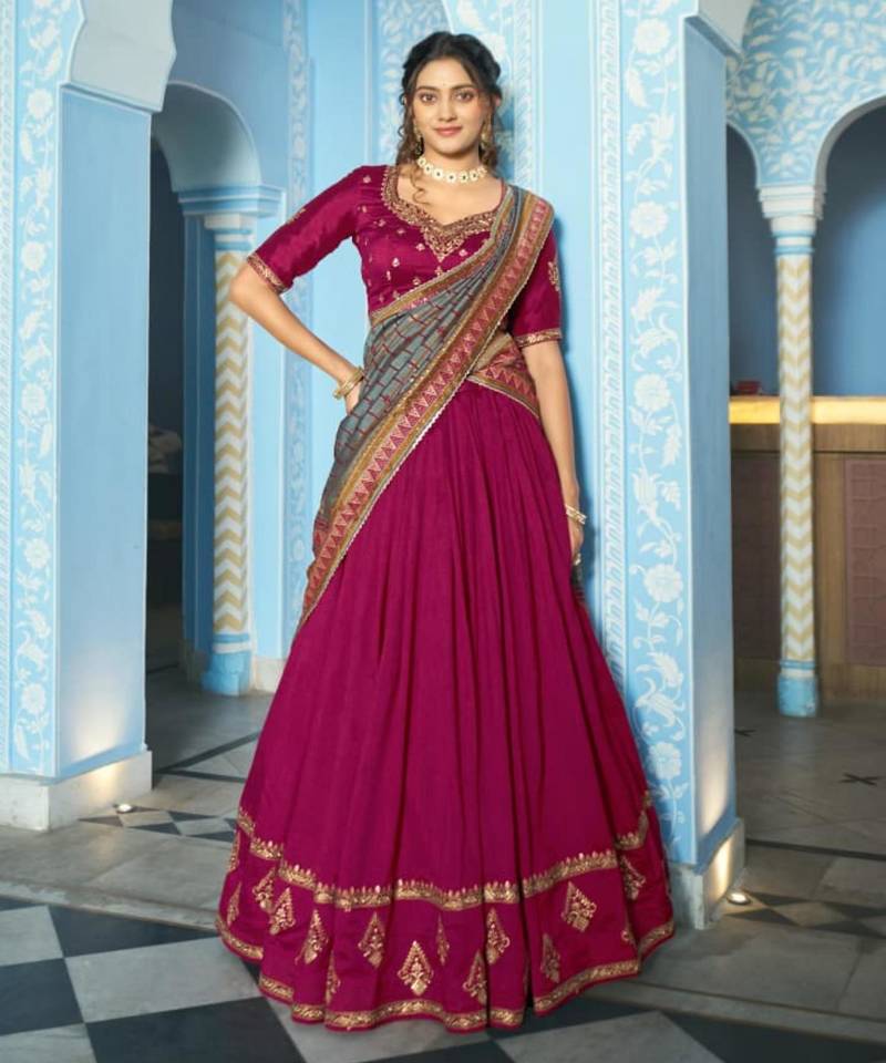 magenta silk blend embroidered lehenga set