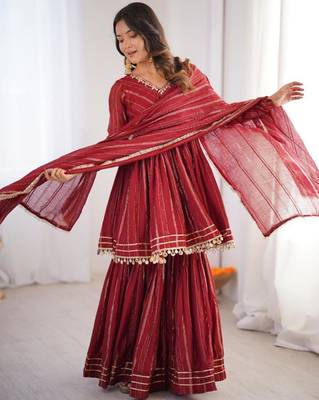 maroon chanderi sharara set with embroidered kurta 1