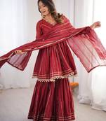 maroon chanderi printed sharara set