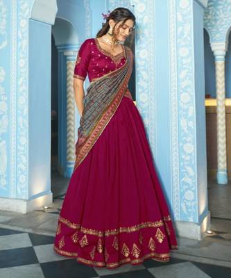 magenta silk blend lehenga set with gold hem embroidery
 2