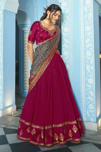 magenta silk blend lehenga set with gold hem embroidery