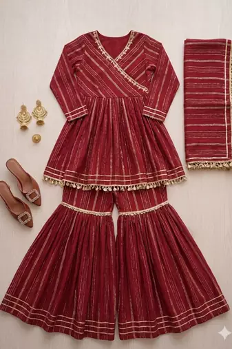 maroon chanderi sharara set with embroidered kurta