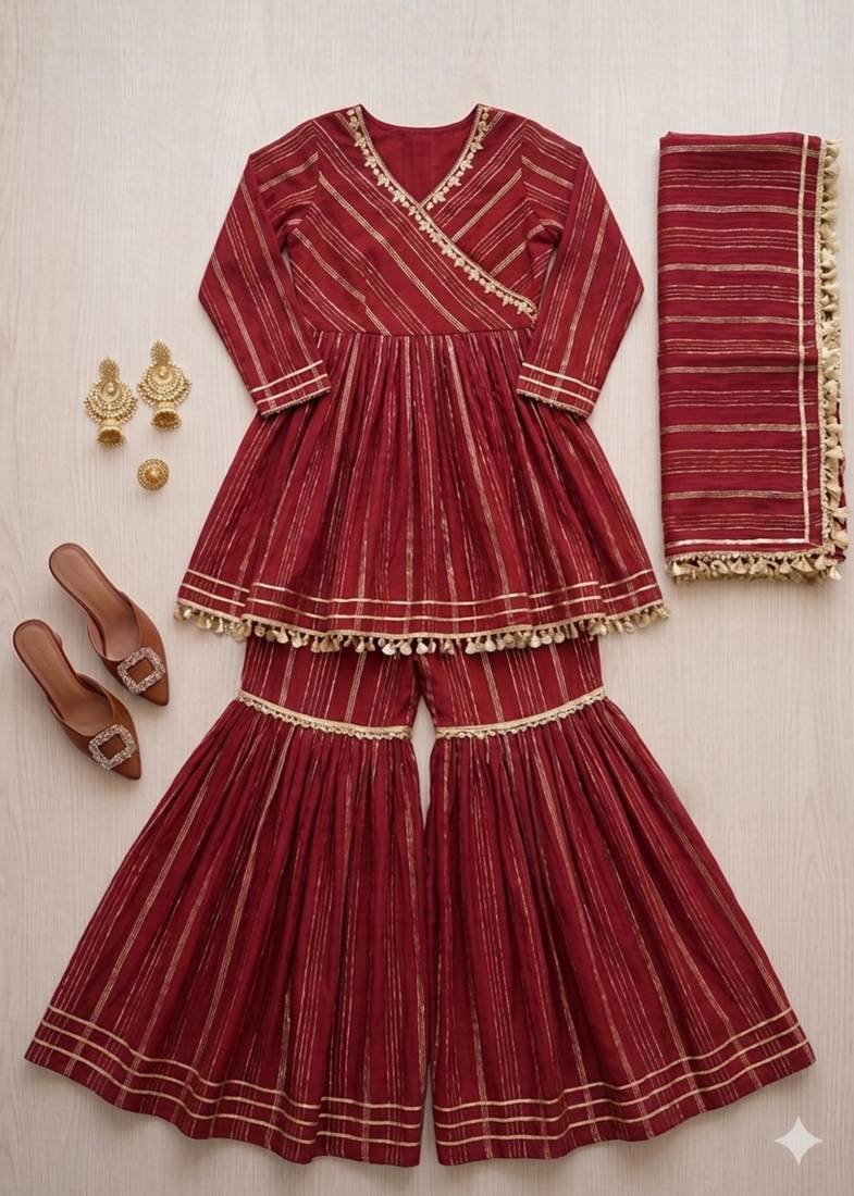maroon chanderi printed sharara set