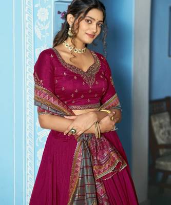 magenta silk blend lehenga set with gold hem embroidery
 3