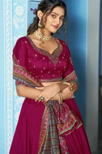 magenta silk blend lehenga set with gold hem embroidery