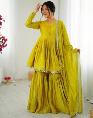 mustard chanderi sharara set with peplum kurta design 1