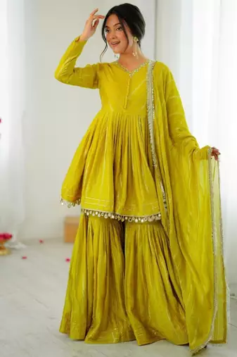 mustard chanderi printed sharara set