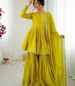 mustard chanderi printed sharara set