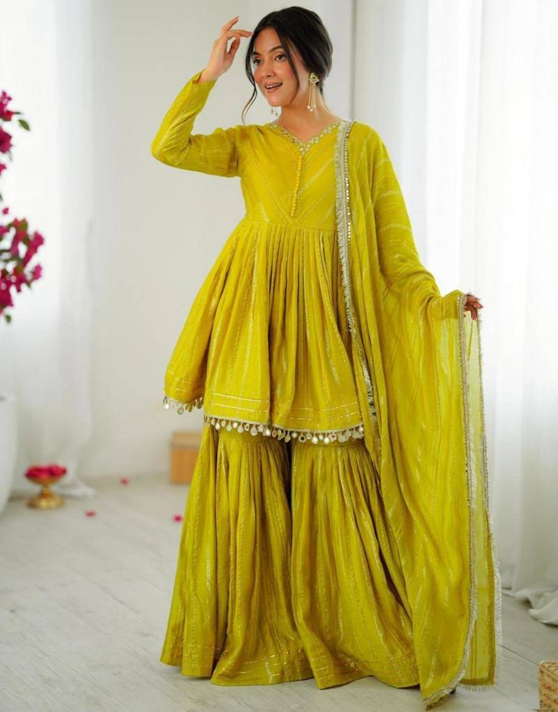 mustard chanderi printed sharara set