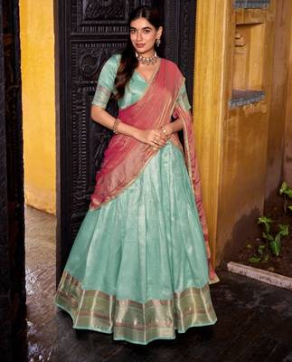 sky blue silk blend lehenga set with gold border print
 1