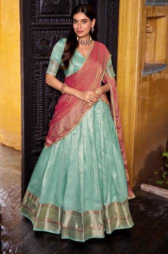 sky blue silk blend printed lehenga set