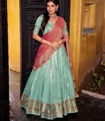 sky blue silk blend printed lehenga set
