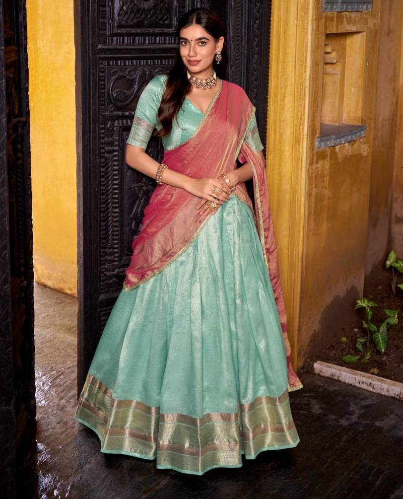 sky blue silk blend printed lehenga set