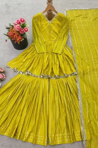 mustard chanderi sharara set with peplum kurta design