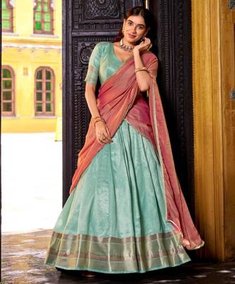 sky blue silk blend lehenga set with gold border print
 2