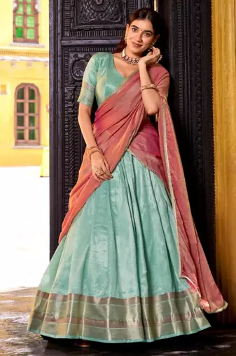 sky blue silk blend lehenga set with gold border print