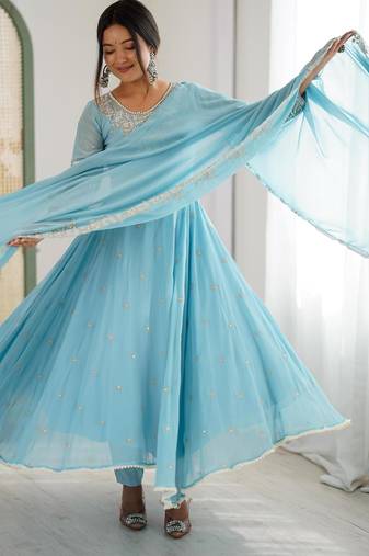 sky blue silk blend embroidered gown set