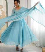 sky blue silk blend embroidered gown set