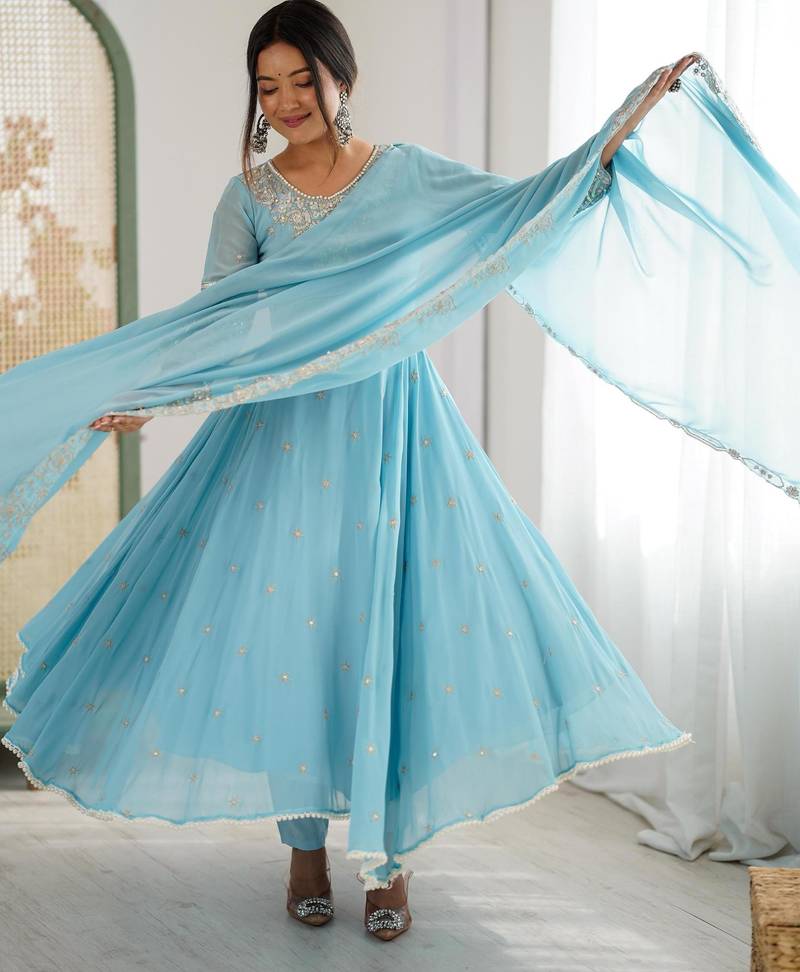 sky blue silk blend embroidered gown set
